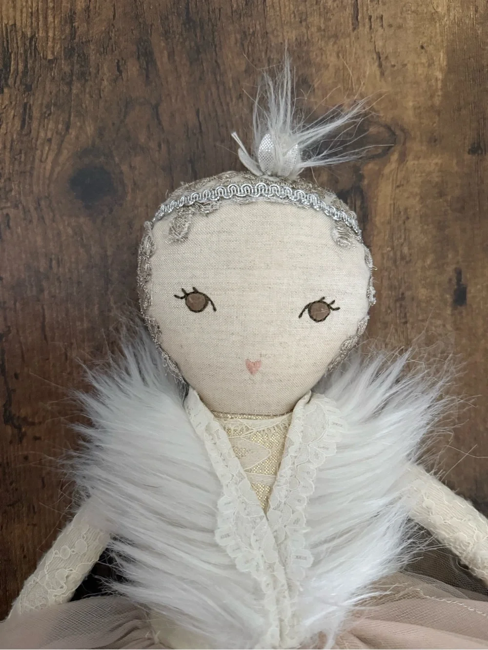 Pottery Barn Kids Cream and White Fabric Decorative Doll with Faux Fur